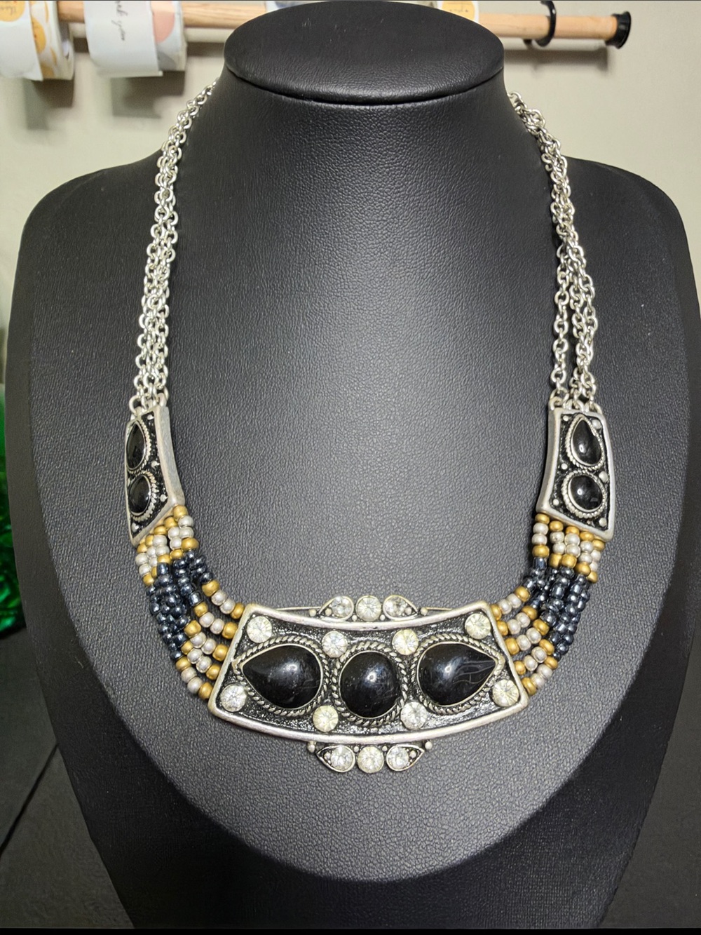 Fashion Silver-Tone Black Beaded Statement Necklace
